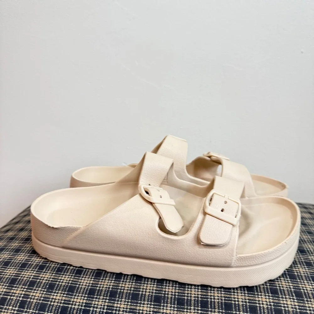 Double Buckle Platform Slide Sandals Size 39 Cream Beige Waterproof